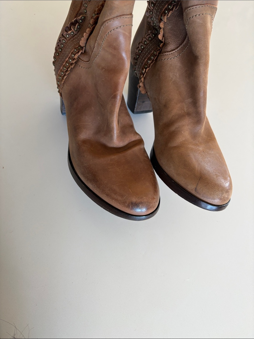 Frye Cognac Brown Scallop Studded Trim Leather Knee High Boots - Picture 14 of 17